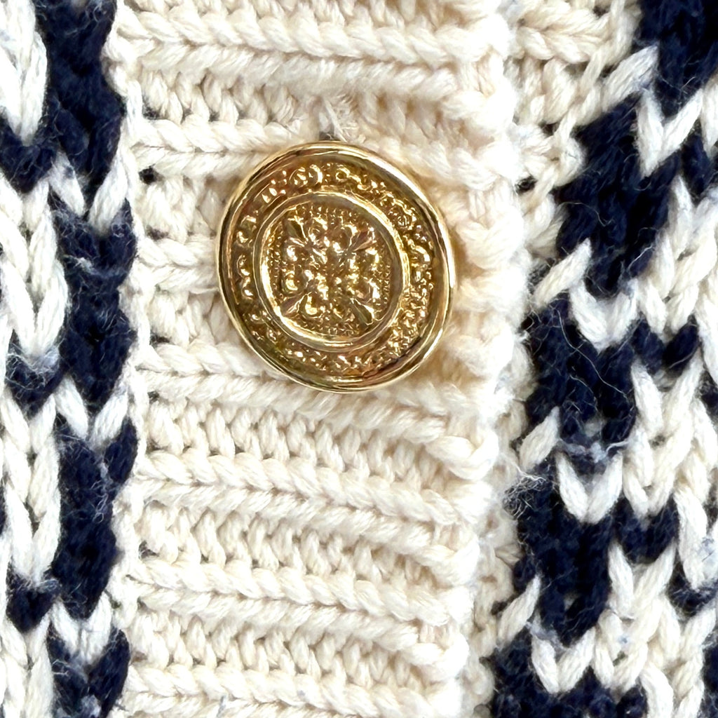 Vintage 90s Susan Bristol Navy Cream Houndstooth Gold Button Cardigan