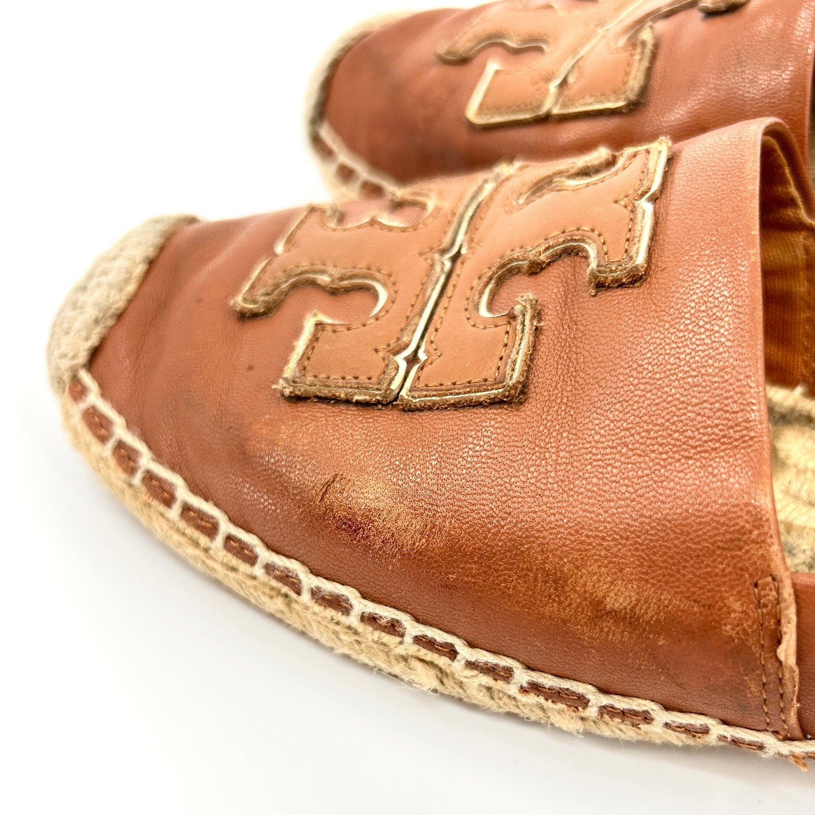 Tory Burch Tan Genuine Leather Logo Jute Espadrille Flats