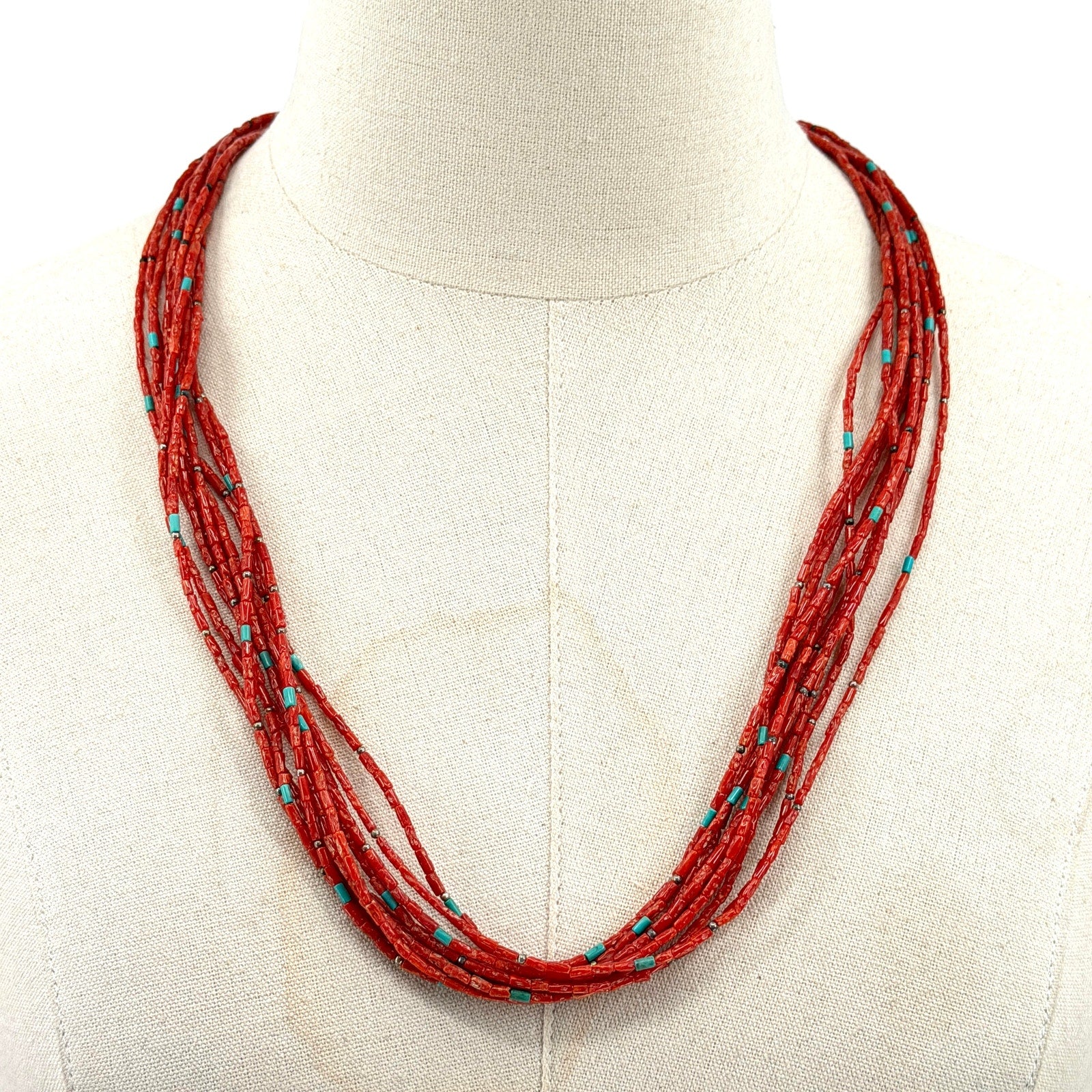 Vintage 80s Red Coral Sterling Silver Southwestern Multi Strand Necklace