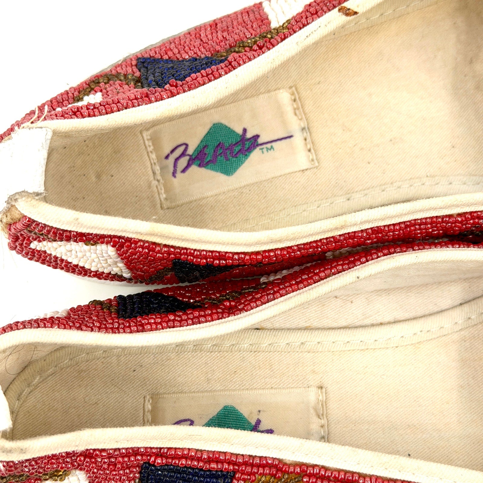 Vintage 80s Beadz Nautical Beaded Red Canvas Slip On Shoes