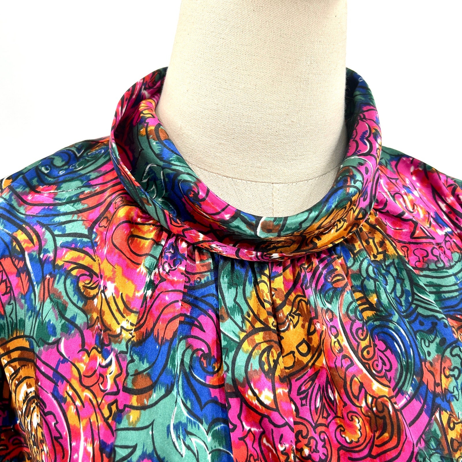 Vintage 80s Marlis Multicolor Abstract Satin High Neck Blouse