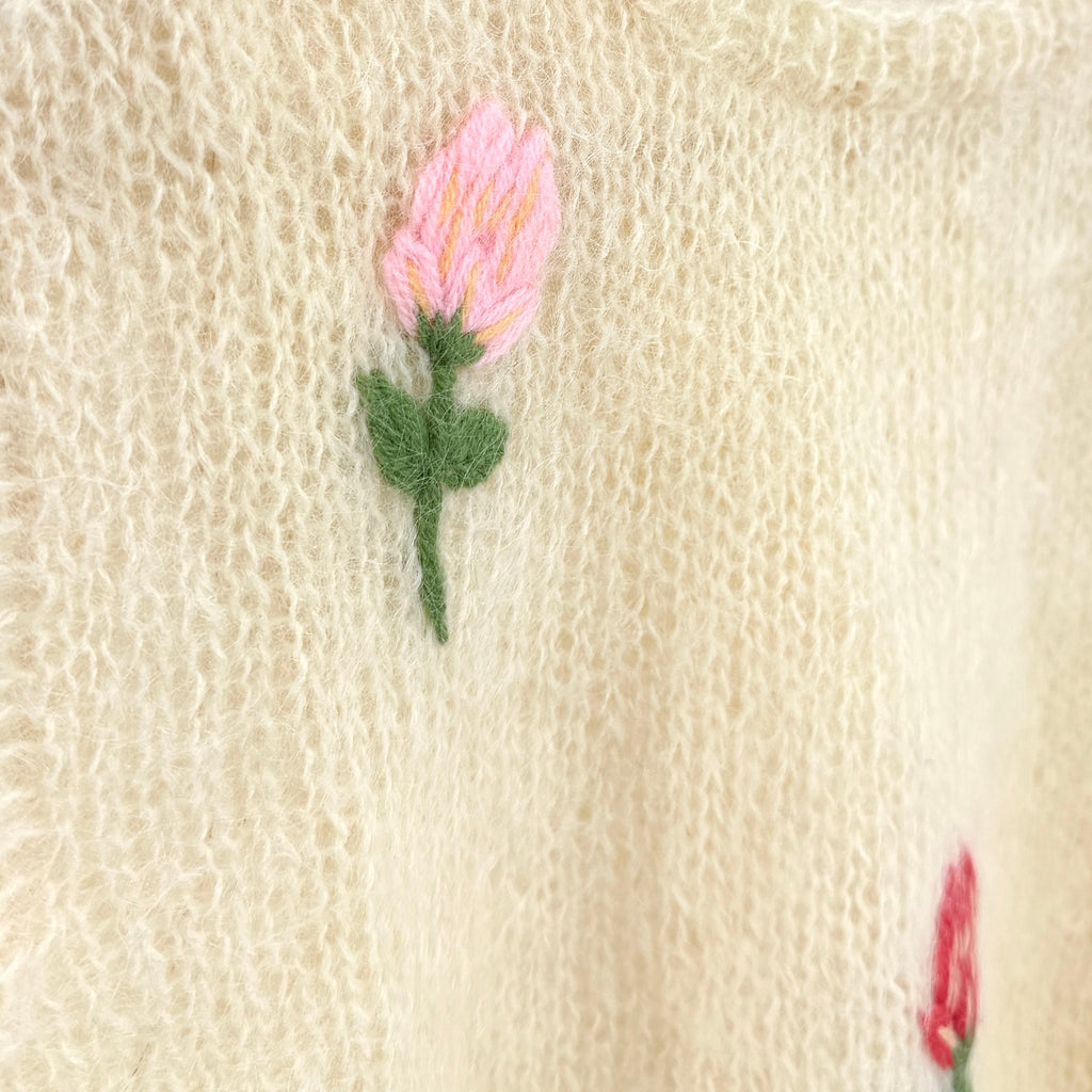 Vintage 70s Cyn Les Cream Floral Hand Knit Sleeveless Mohair Sweater Vest