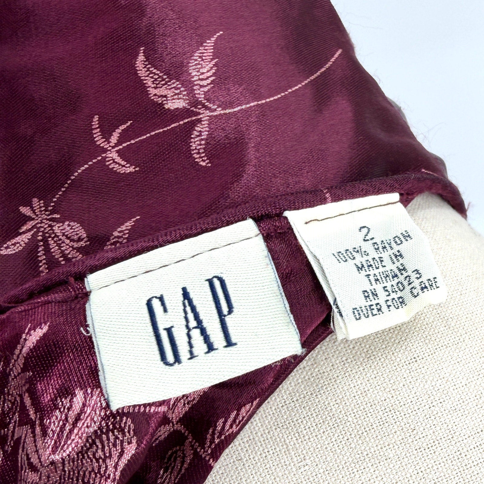 Vintage 90s GAP Burgundy Floral Satin Jacquard Cheongsam Slip Dress