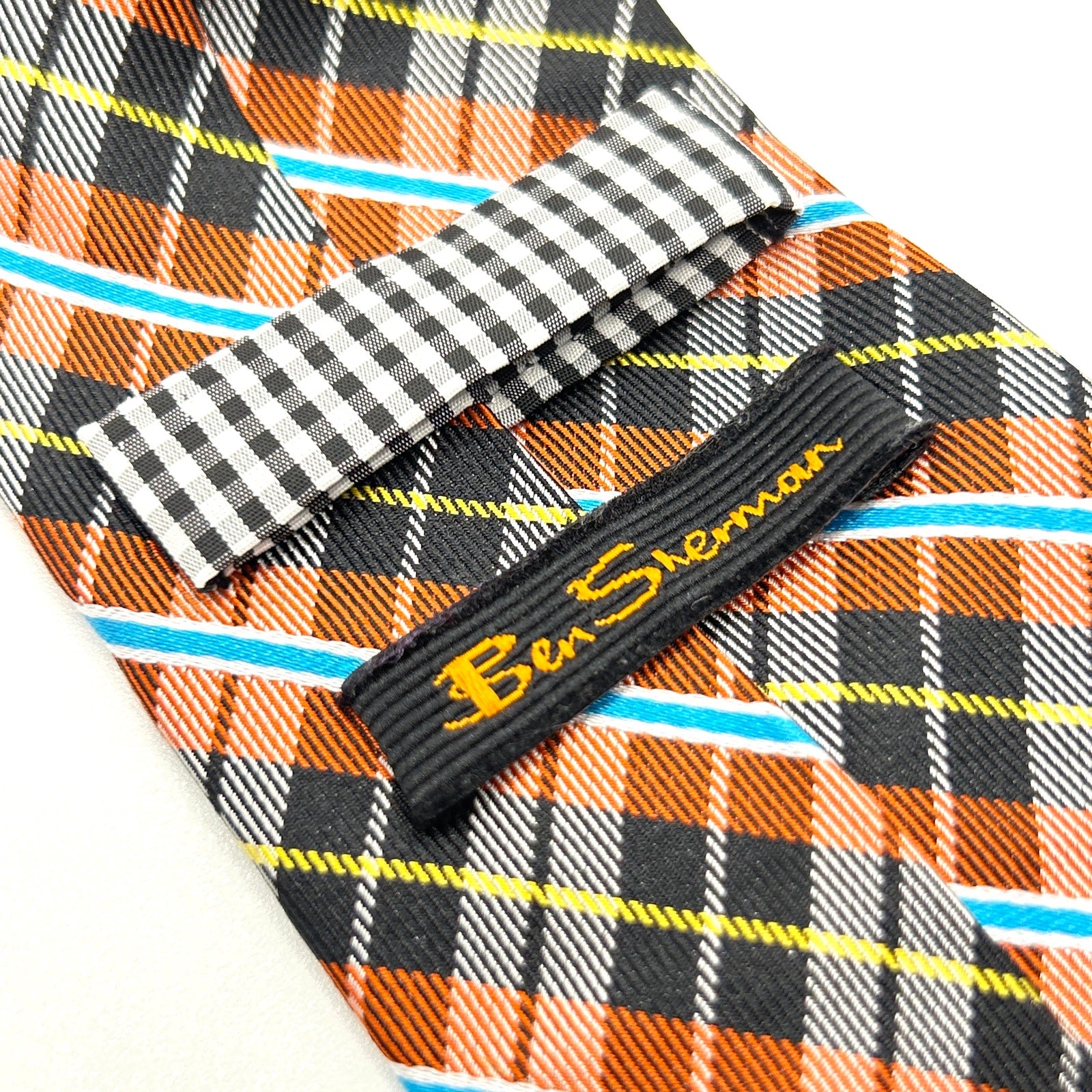 Ben Sherman Red Black Plaid 100% Silk Mod Skinny Neck Tie