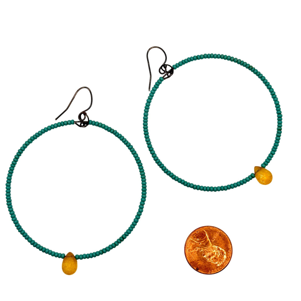 Vintage 90s Turquoise Yellow Citrine Seed Bead Boho Large Hoop Earrings