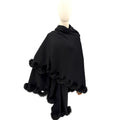 Caruana Black Heavy Knit Genuine Fur Trim Elegant Outerwear Cape Ruana