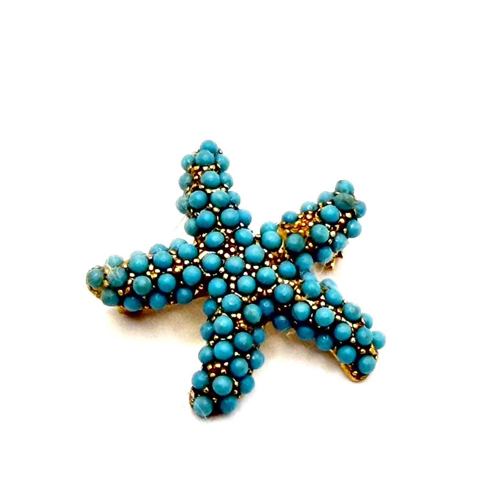 Vintage Gold Tone Turquoise Blue Beaded Starfish Novelty Brooch Pin