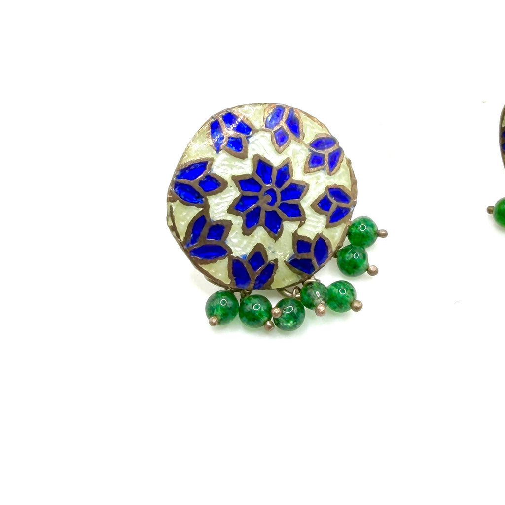 Vintage 90s Blue Green Enamel Stamped Sterling Silver India Stud Drop Earrings