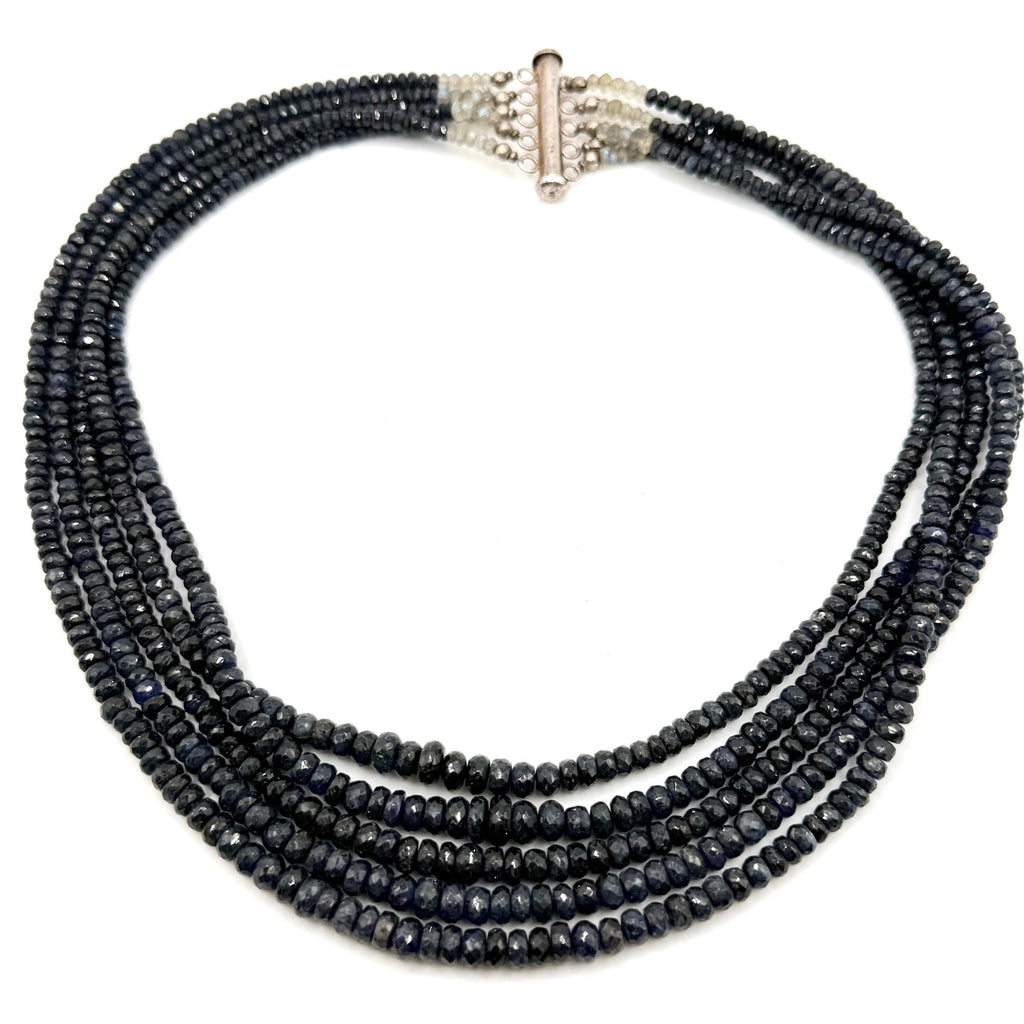 Vintage 90s Sterling Silver Sapphire Labradorite Graduated Multi Strand Necklace