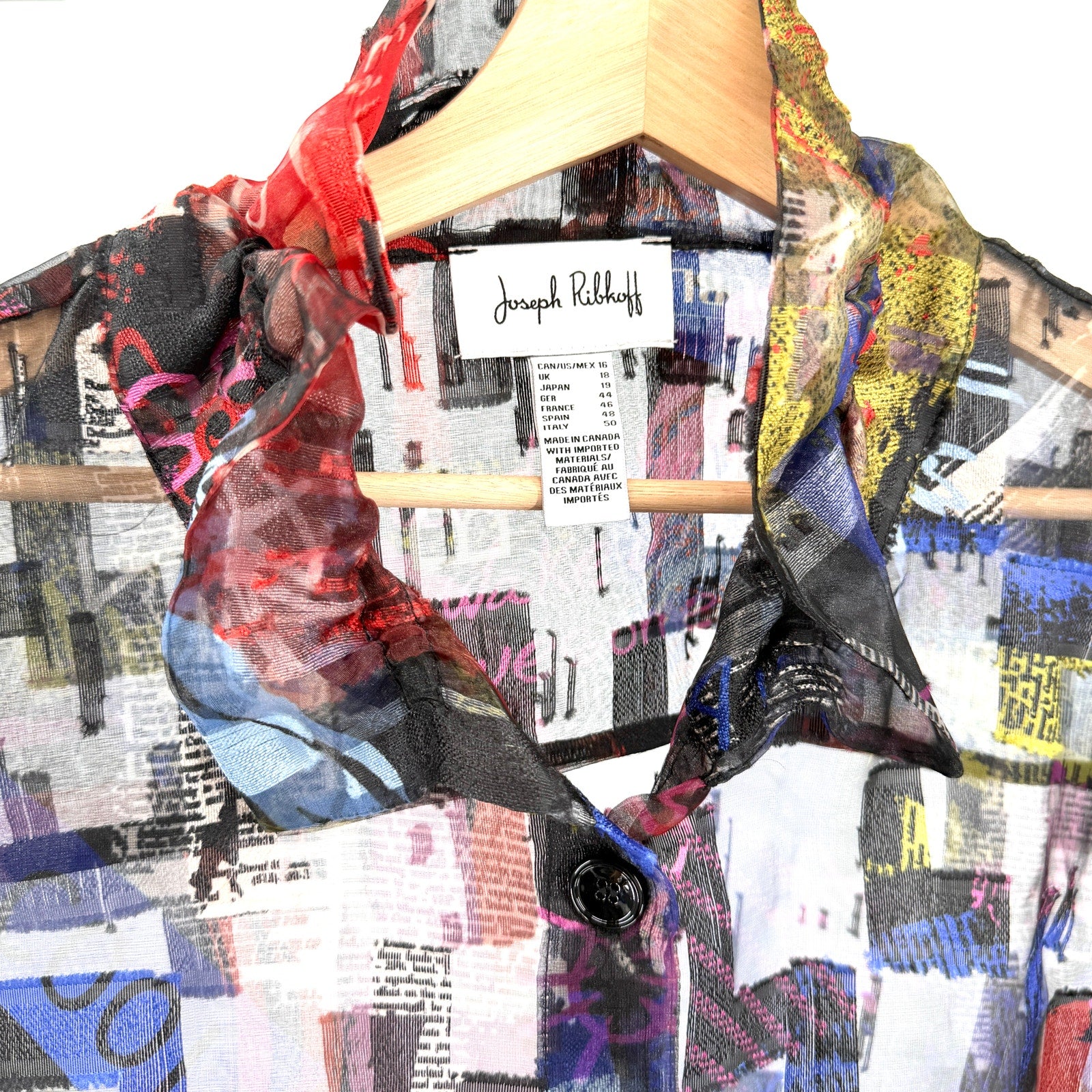 Joseph Ribkoff Black Sheer Graffiti Print Wire Collar Duster Overlay Jacket