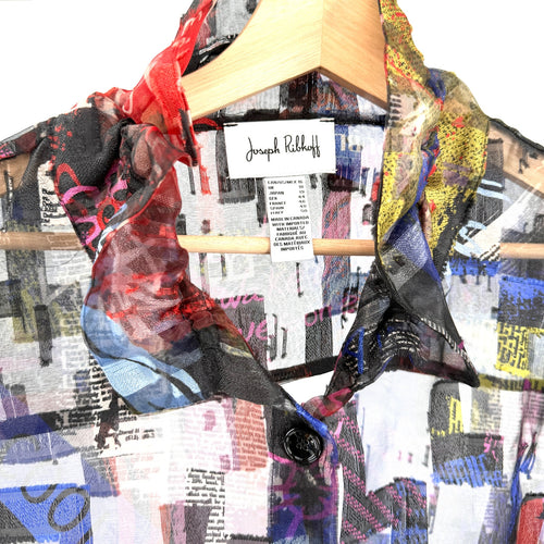 Joseph Ribkoff Black Sheer Graffiti Print Wire Collar Duster Overlay Jacket