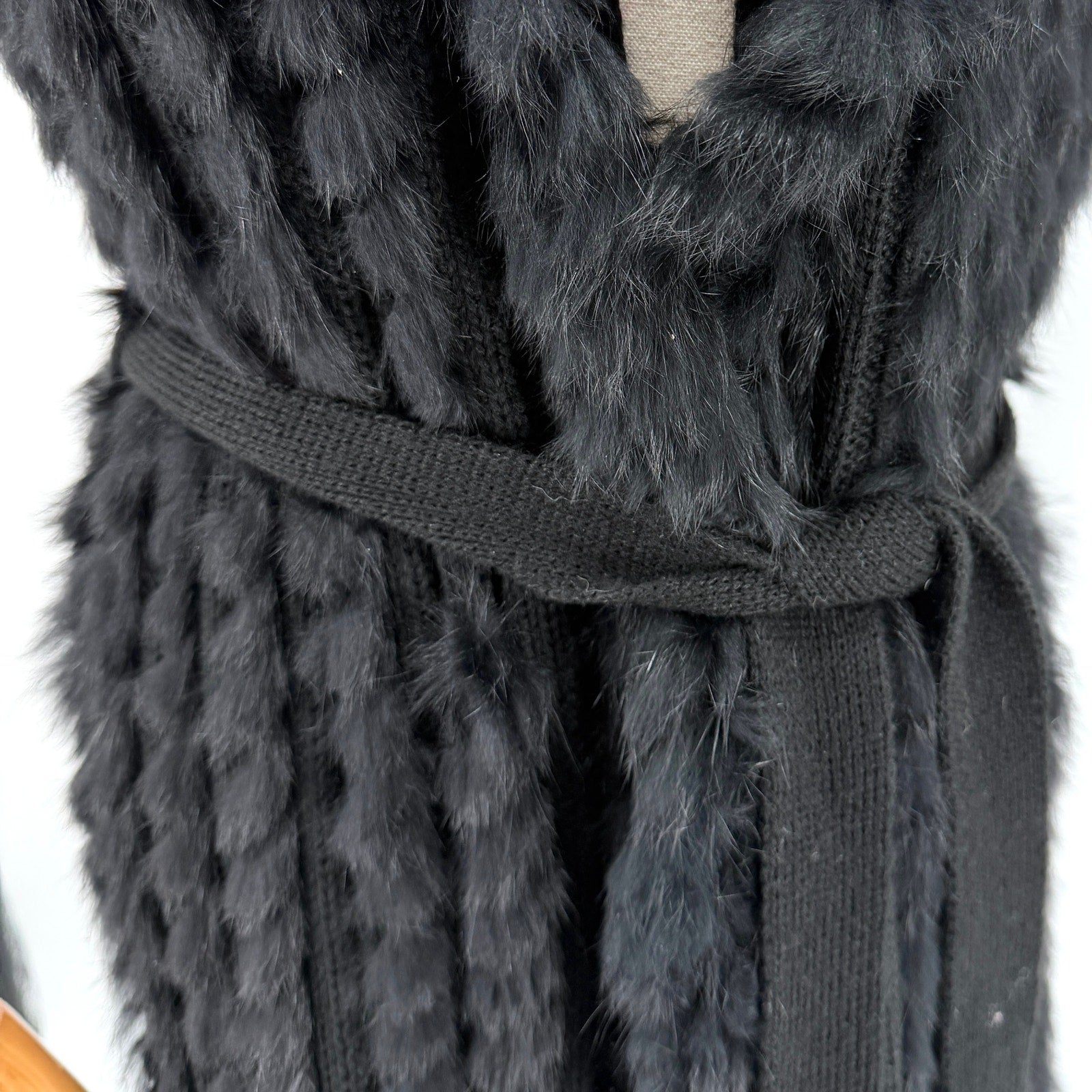 Vintage Y2K Fantazia Black Genuine Rabbit Fur Boho Fringe Self Tie Sweater Vest