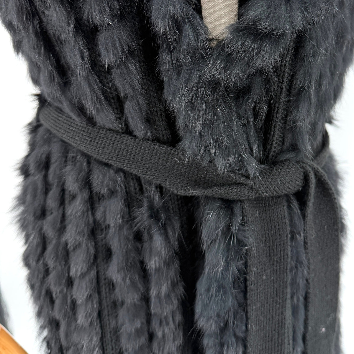 Vintage Y2K Fantazia Black Genuine Rabbit Fur Boho Fringe Self Tie Sweater Vest