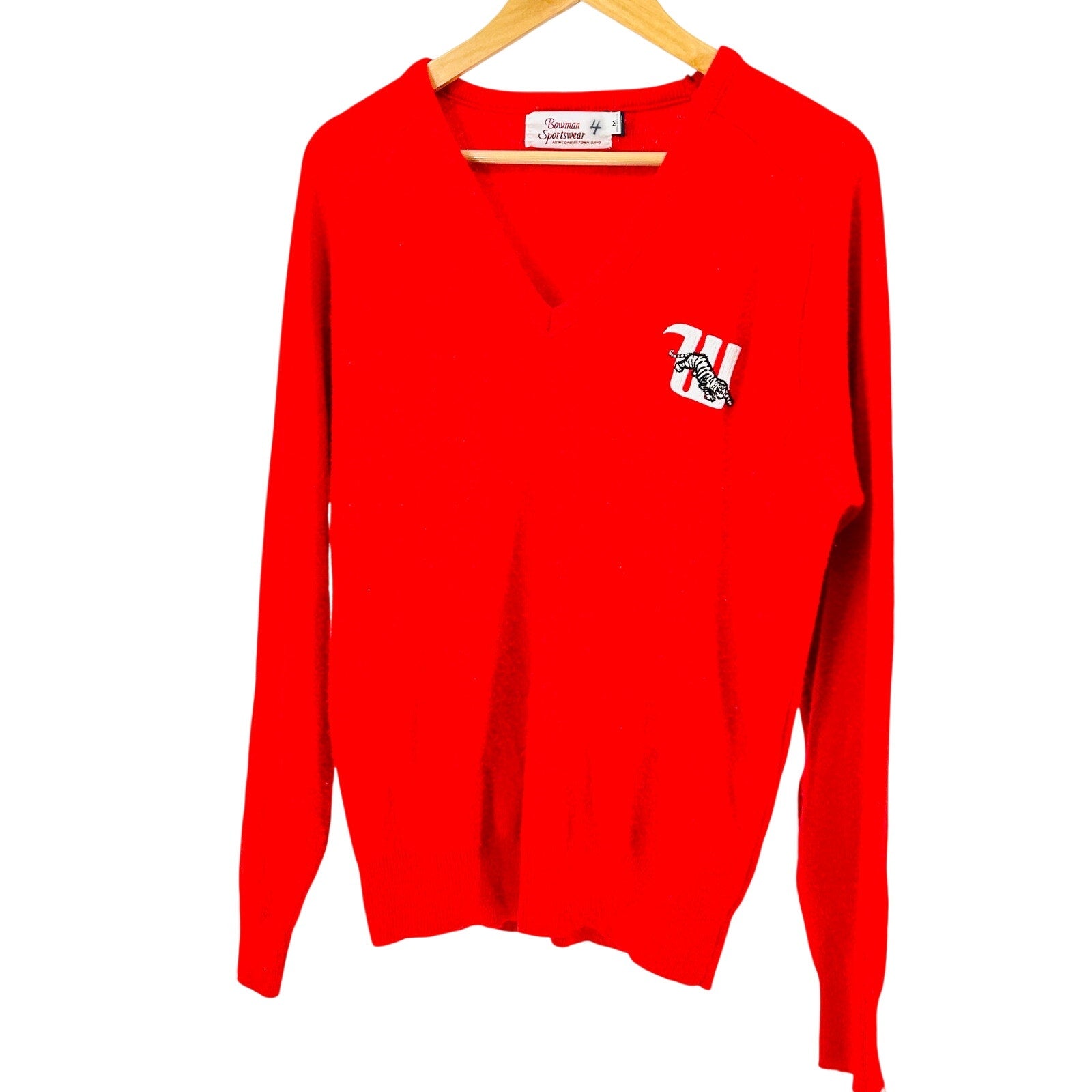 Vintage 70s Bowman Sportswear Red Collegiate Tiger V-Neck Sweater