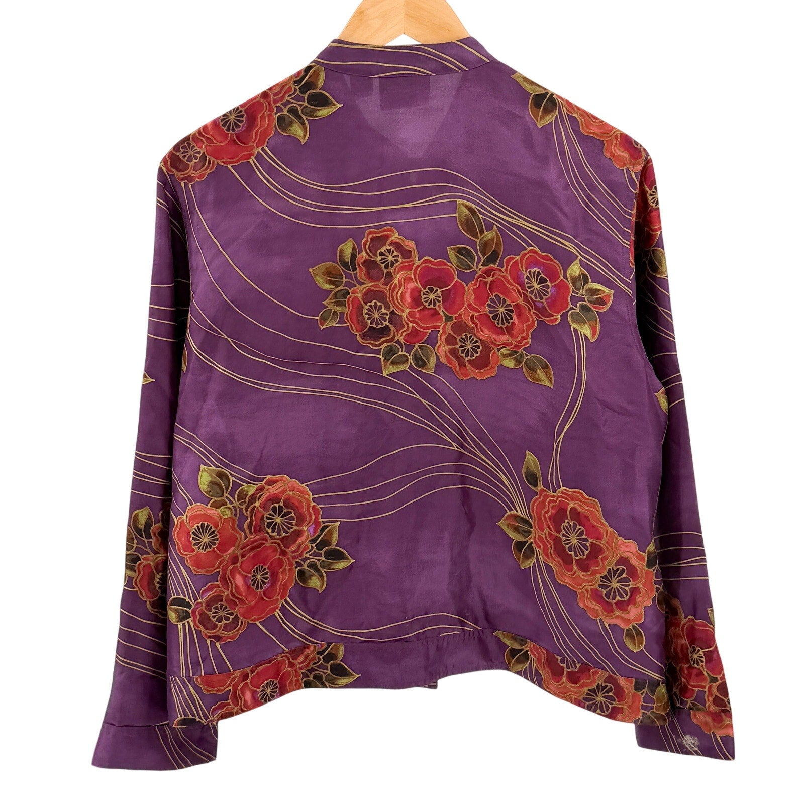 Vintage 90s Chico's Purple 100% Silk Floral Frog Button Mandarin Blouse