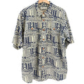 Vintage 90s Orvis Cream Indigo Blue 100% Cotton Tribal Hawaiian Shirt