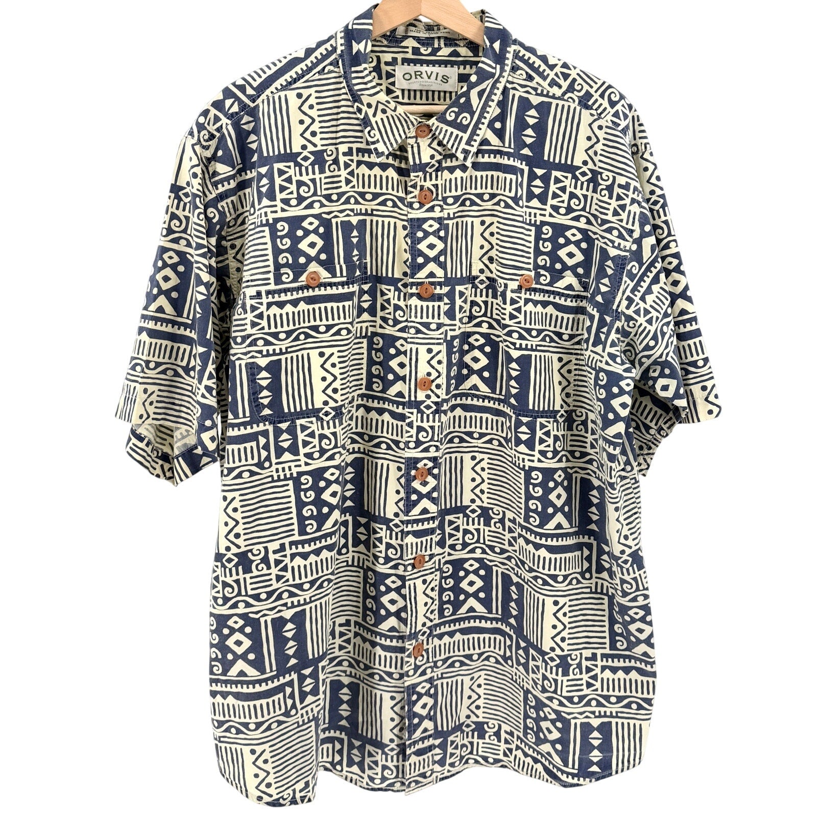 Vintage 90s Orvis Cream Indigo Blue 100% Cotton Tribal Hawaiian Shirt