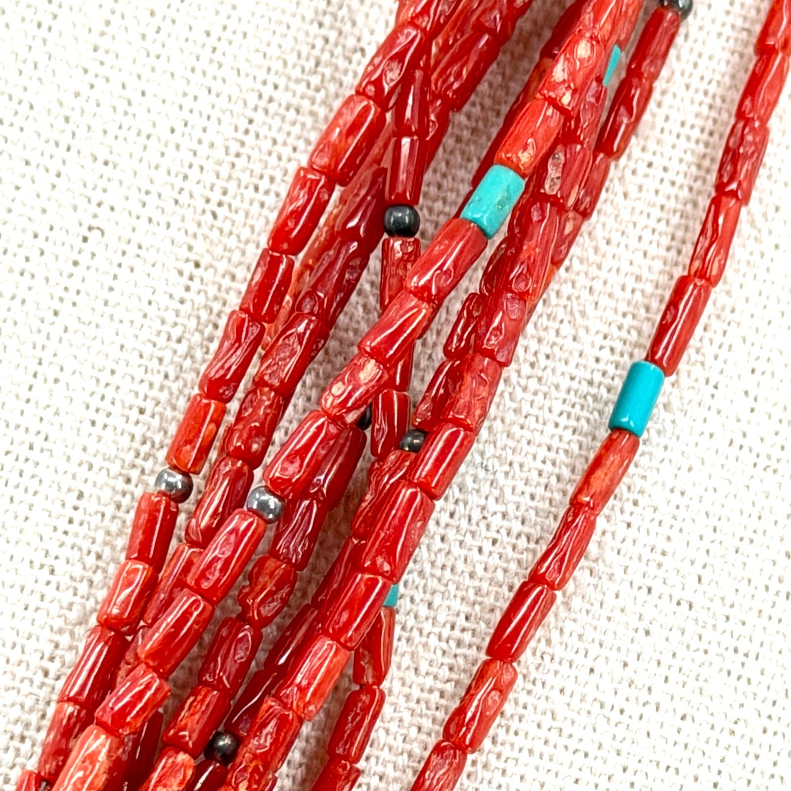 Vintage 80s Red Coral Sterling Silver Southwestern Multi Strand Necklace
