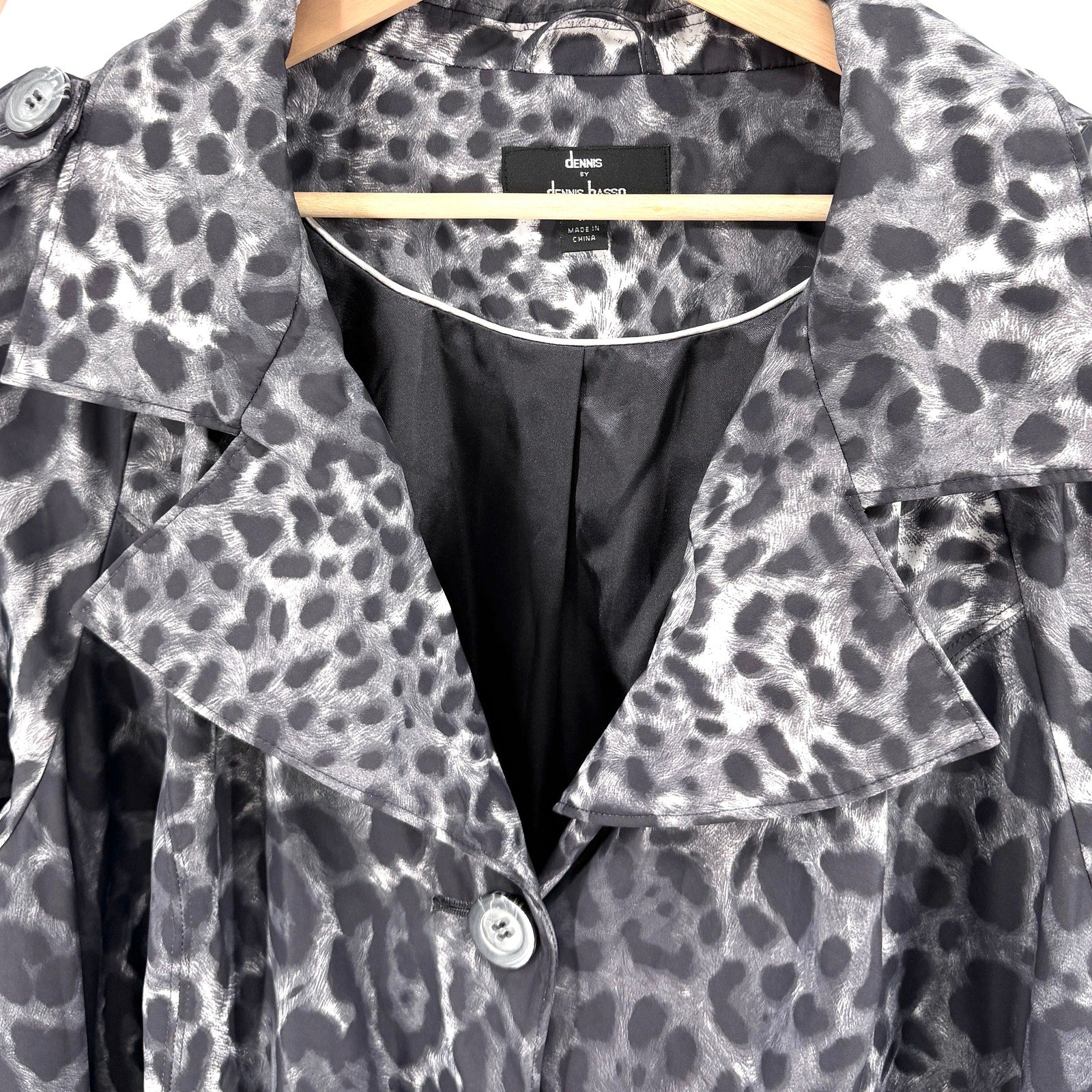 Dennis by Dennis Basso Gray White Leopard Print Trench Raincoat