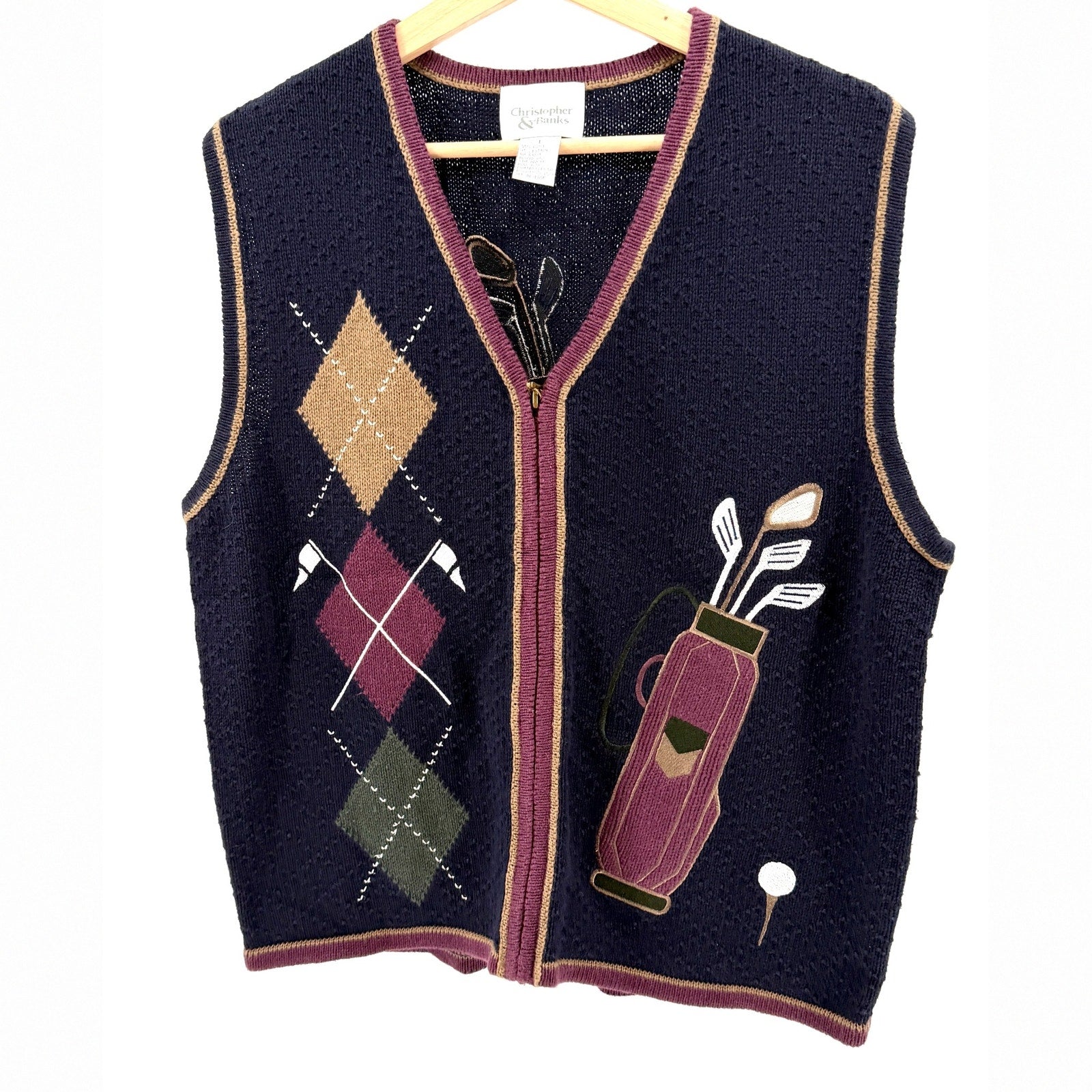 90s Vintage Christopher & Banks Navy Blue Golf Themed Zip Up Sweater Vest