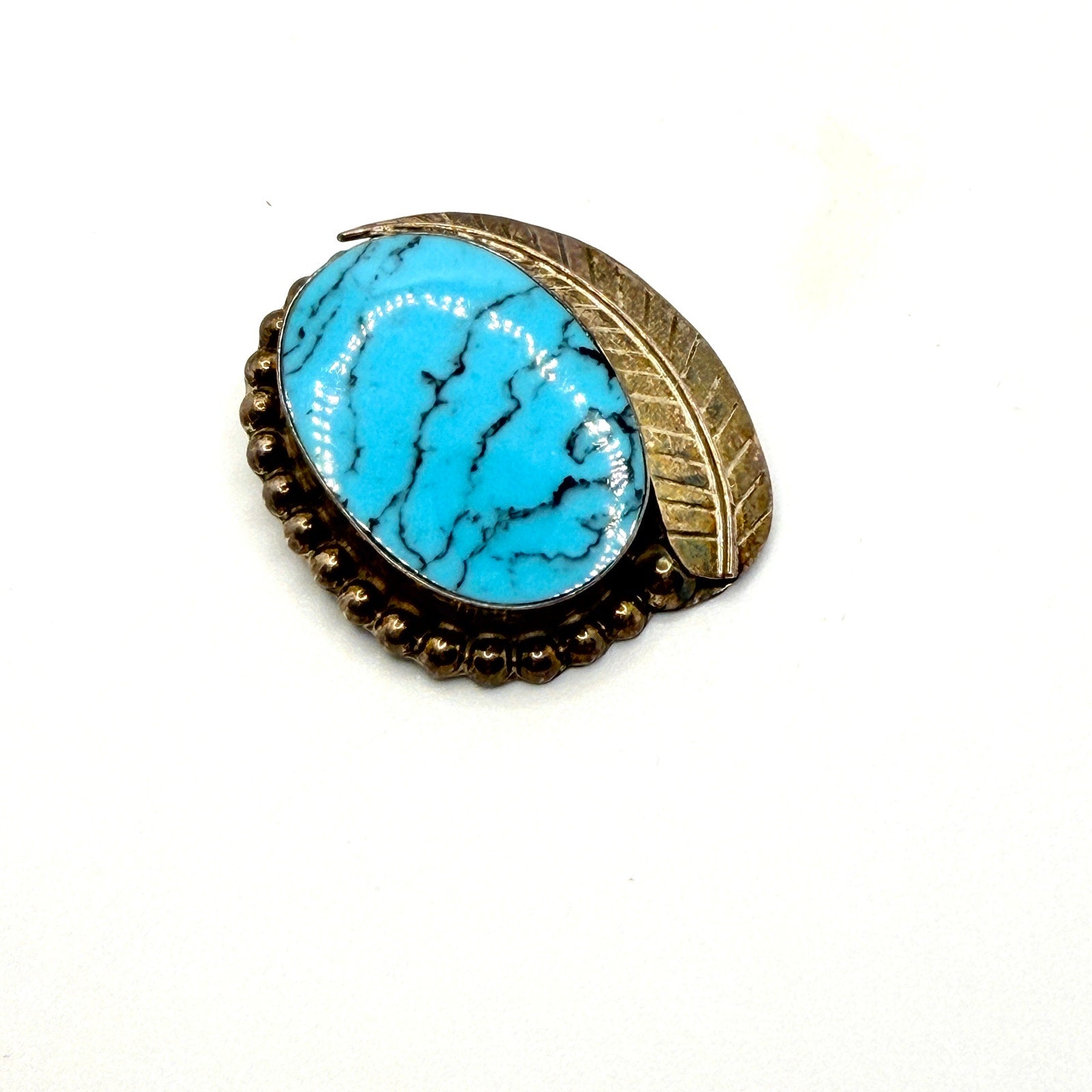 Vintage 90s Taxco Mexico Sterling Silver Turquoise Signed Leaf Pin Pendant