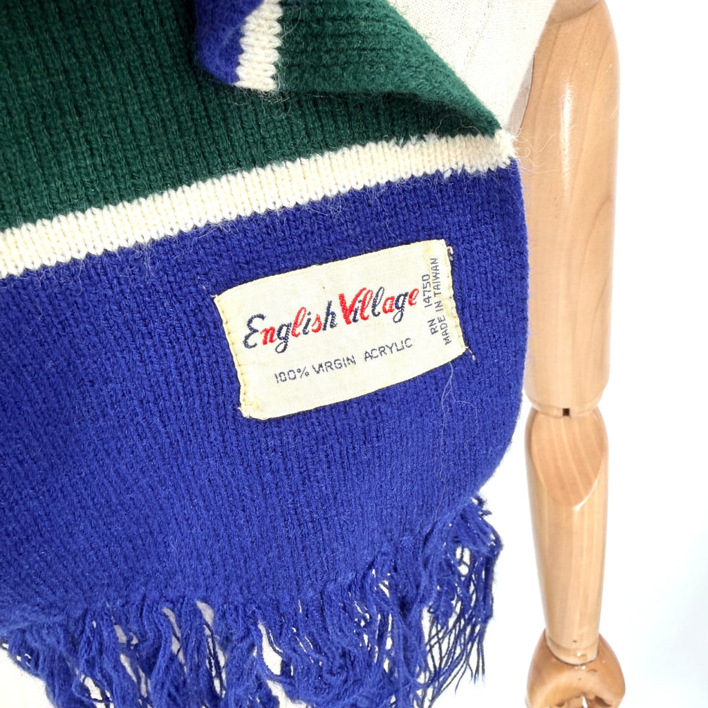 Vintage 70s English Village Blue Green Striped Fringe Knit Scarf
