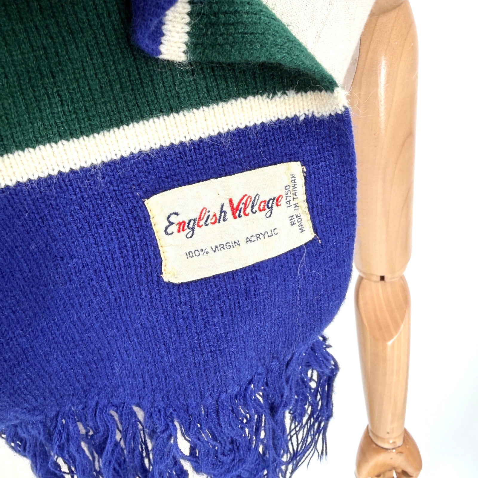 Vintage 70s English Village Blue Green Striped Fringe Knit Scarf