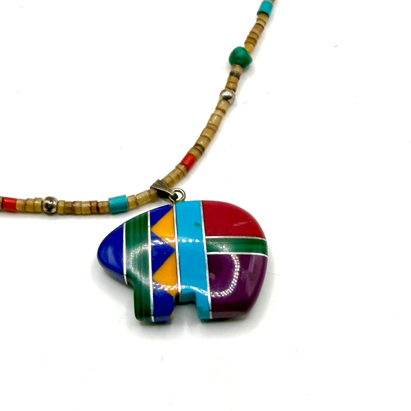 Vintage 90s Multi Stone Inlay Zuni Bear Heishe Fetish Strand Pendant Necklace