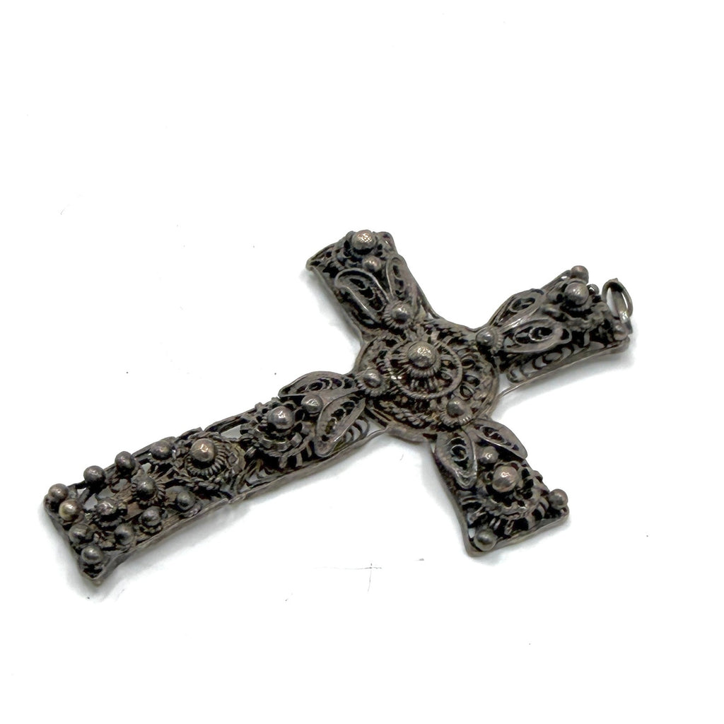 Vintage 70s Ornate Cannetille Sterling Silver Statement Cross Pendant