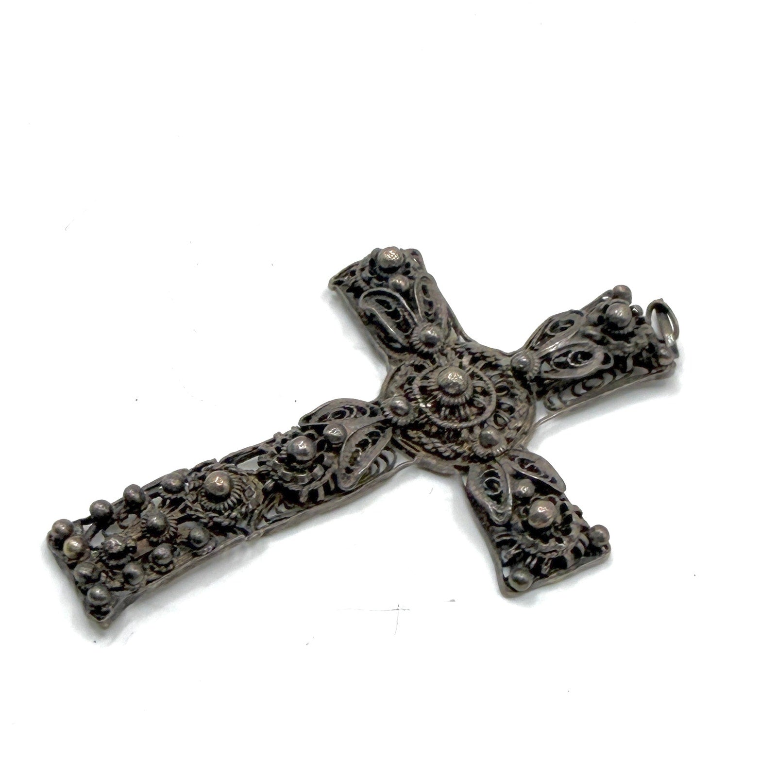 Vintage 70s Ornate Cannetille Sterling Silver Statement Cross Pendant