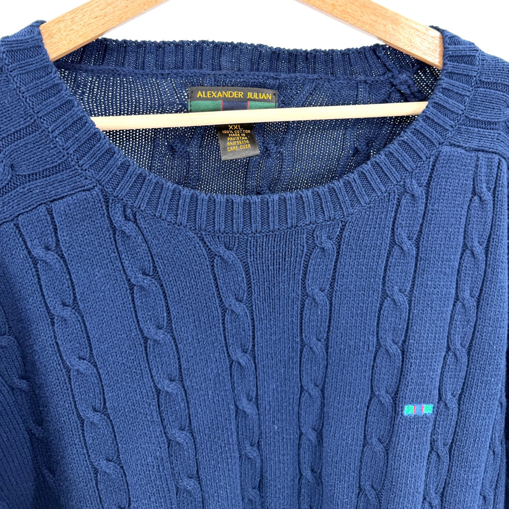 Vintage 90s Alexander Julian Colours Navy Blue 100% Cotton Cable Knit Sweater