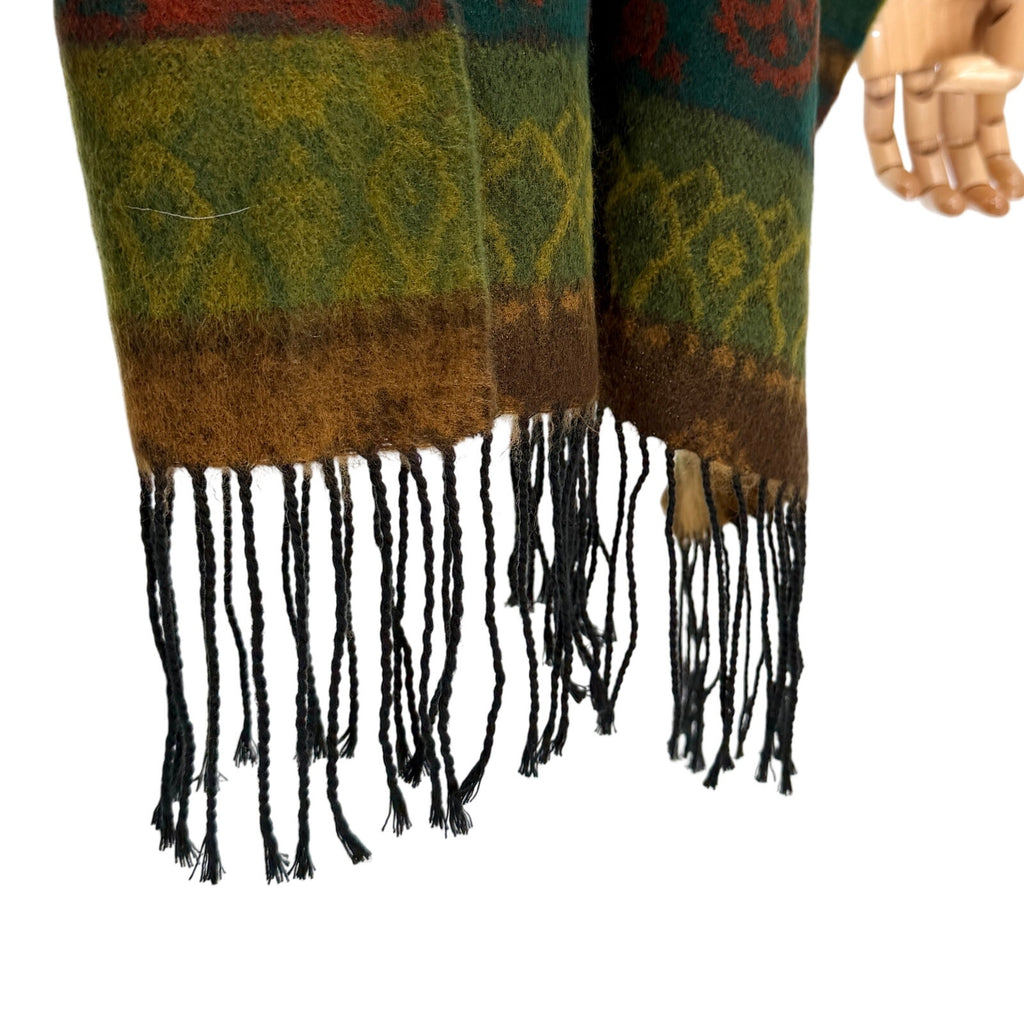 Vintage 90s Bloomingdale's Green Brown Boho Southwest Fringe Wrap Scarf