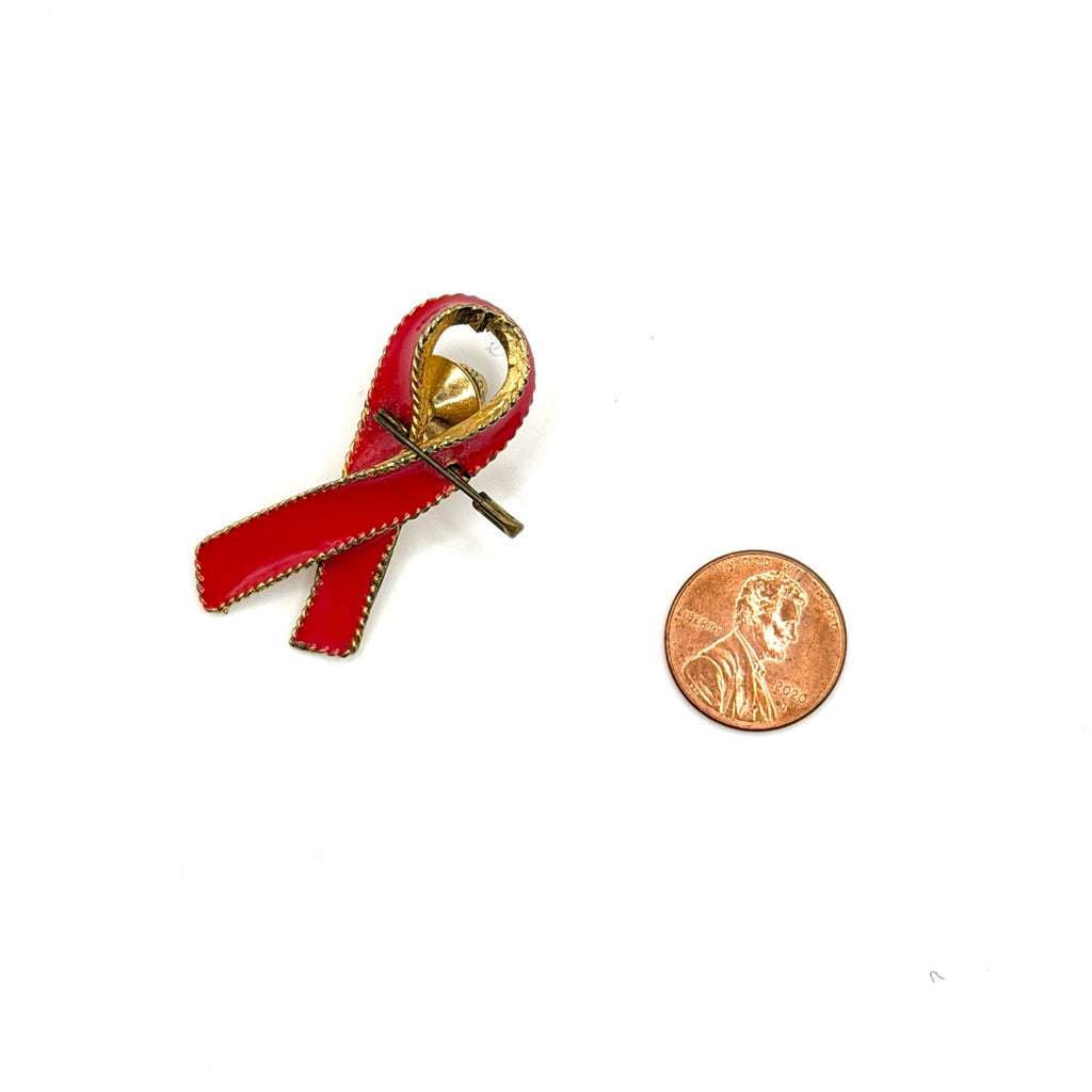 Vintage 80s Red Gold Enamel AIDS Awareness Ribbon Lapel Pin