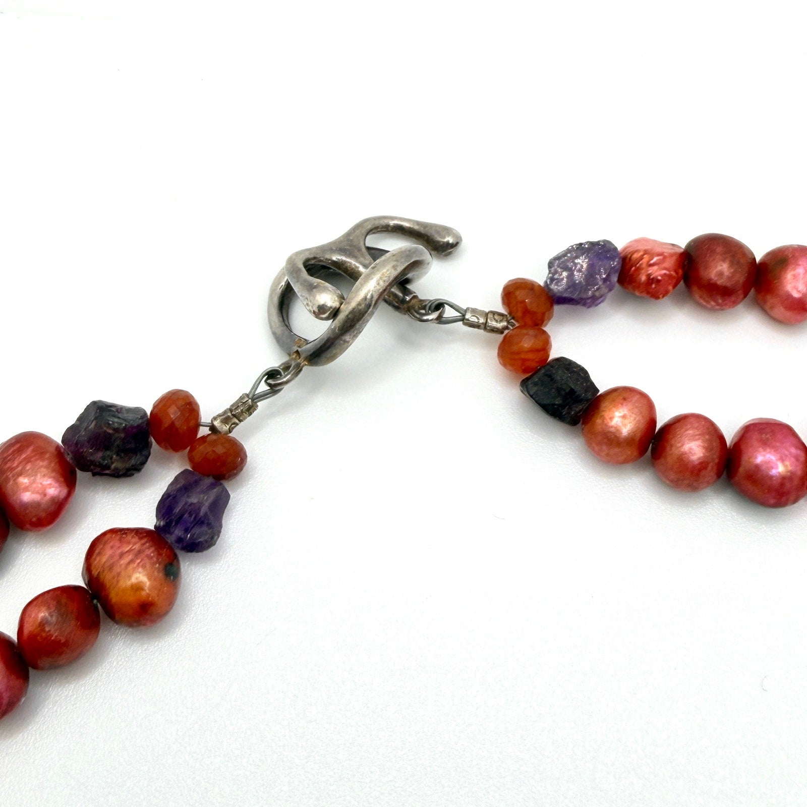 Vintage 90s Red Copper Freshwater Pearl Amethyst Boho Statement Necklace