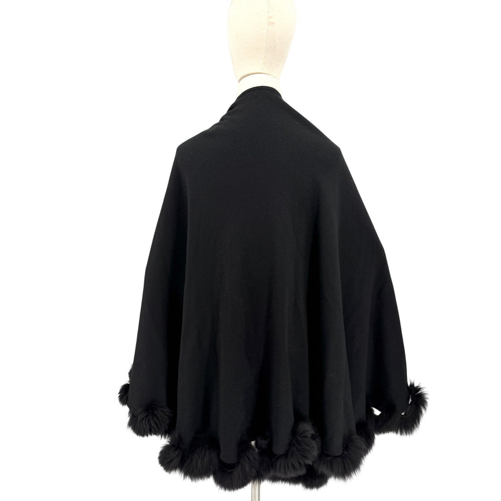 Caruana Black Heavy Knit Genuine Fur Trim Elegant Outerwear Cape Ruana