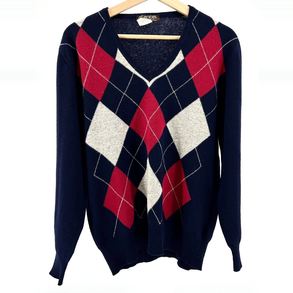 Vintage 70s Rodin Navy Blue Red Argyle Wool V-Neck Pullover Sweater