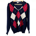 Vintage 70s Rodin Navy Blue Red Argyle Wool V-Neck Pullover Sweater