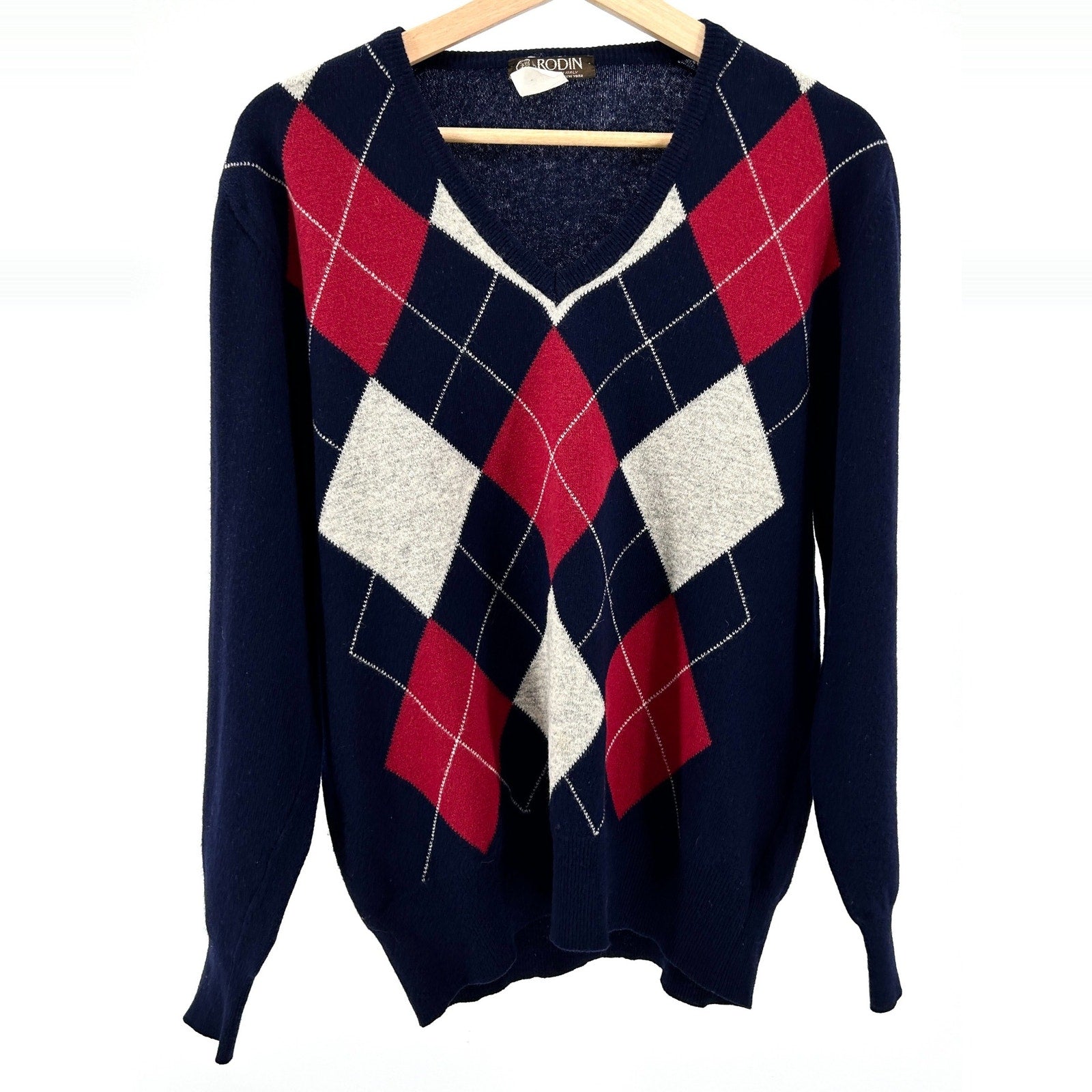 Vintage 70s Rodin Navy Blue Red Argyle Wool V-Neck Pullover Sweater