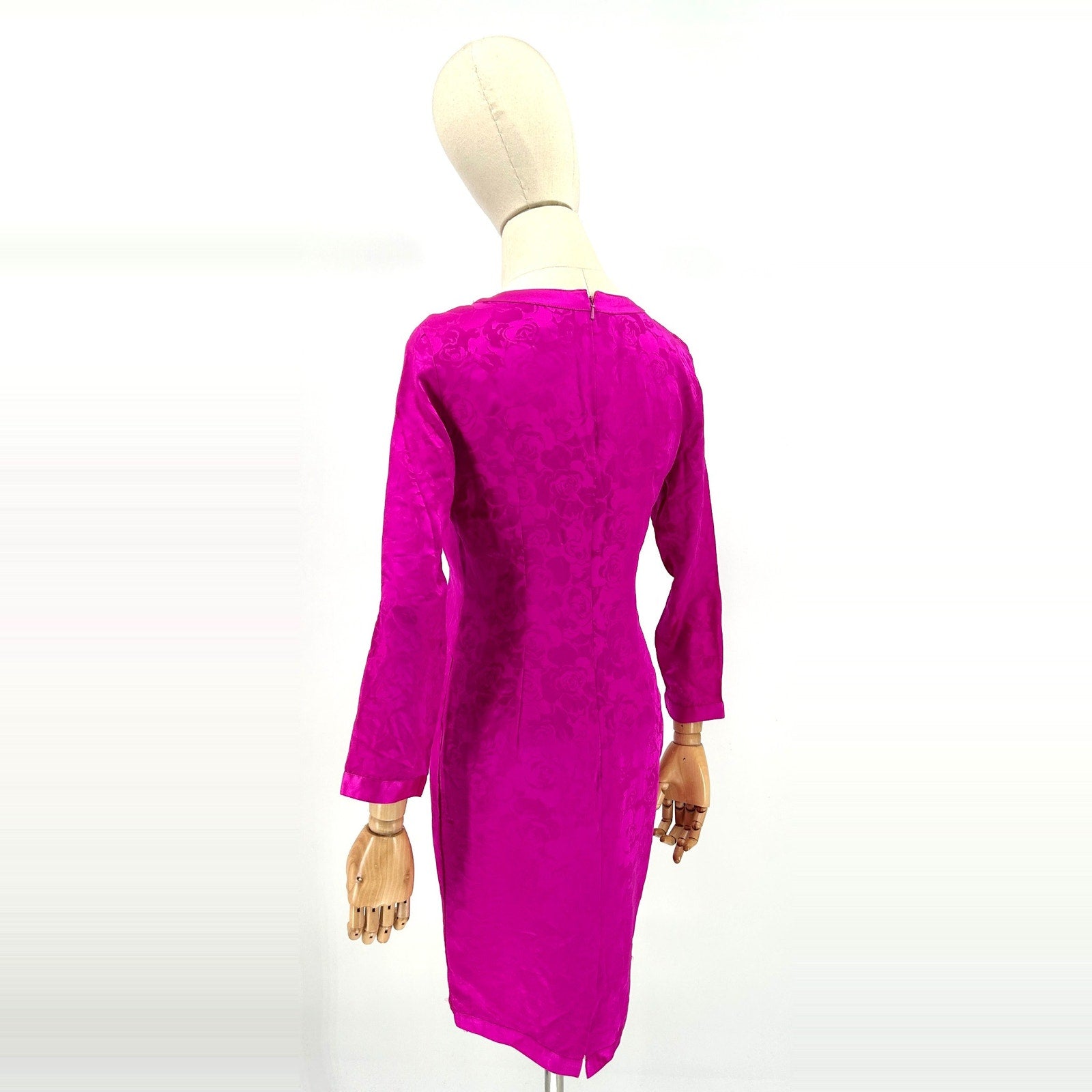 Vintage 90s Papell Petites Pink 100% Silk Floral Jacquard Formal Cocktail Dress