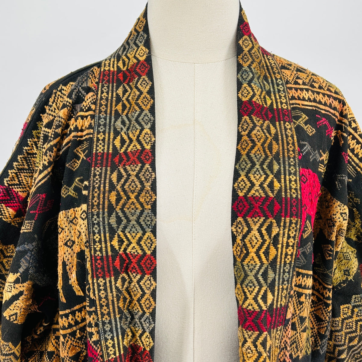 Vintage Handmade Black Multi Animal Embroidered Thai Artistry Maxi Robe