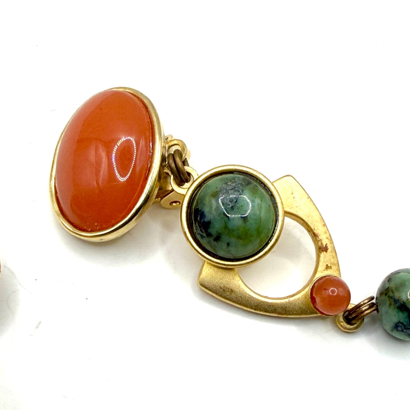 Vintage 80s Gold Orange Green Resin Geometric Dangle Clip On Earrings