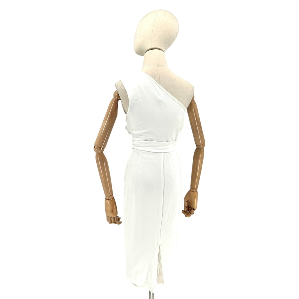 Reiss White Asymmetrical One-Shoulder Twist Waist Cocktail Midi Dress