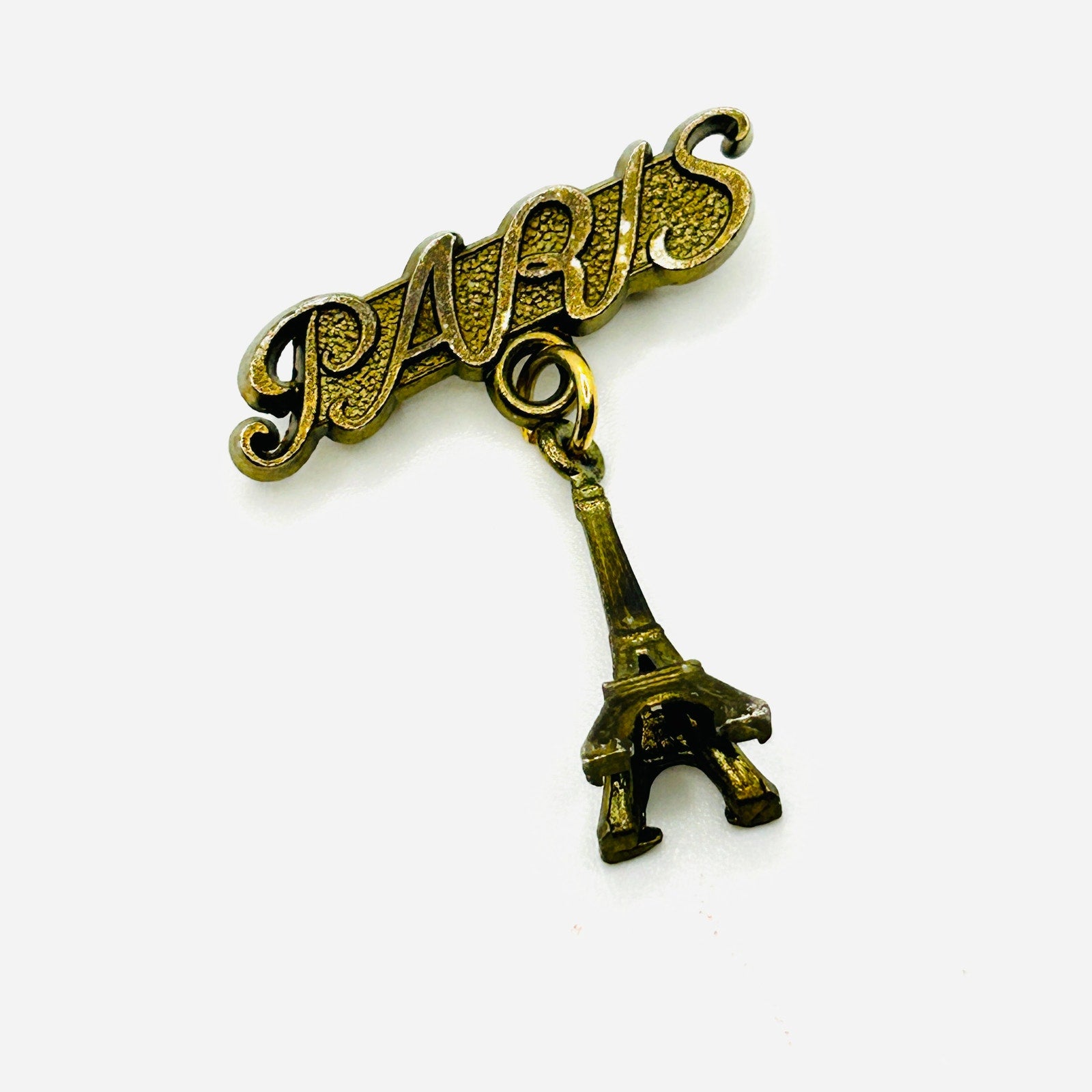 Vintage 60s Paris Eiffel Tower Gold Script Souvenir Brooch Pin