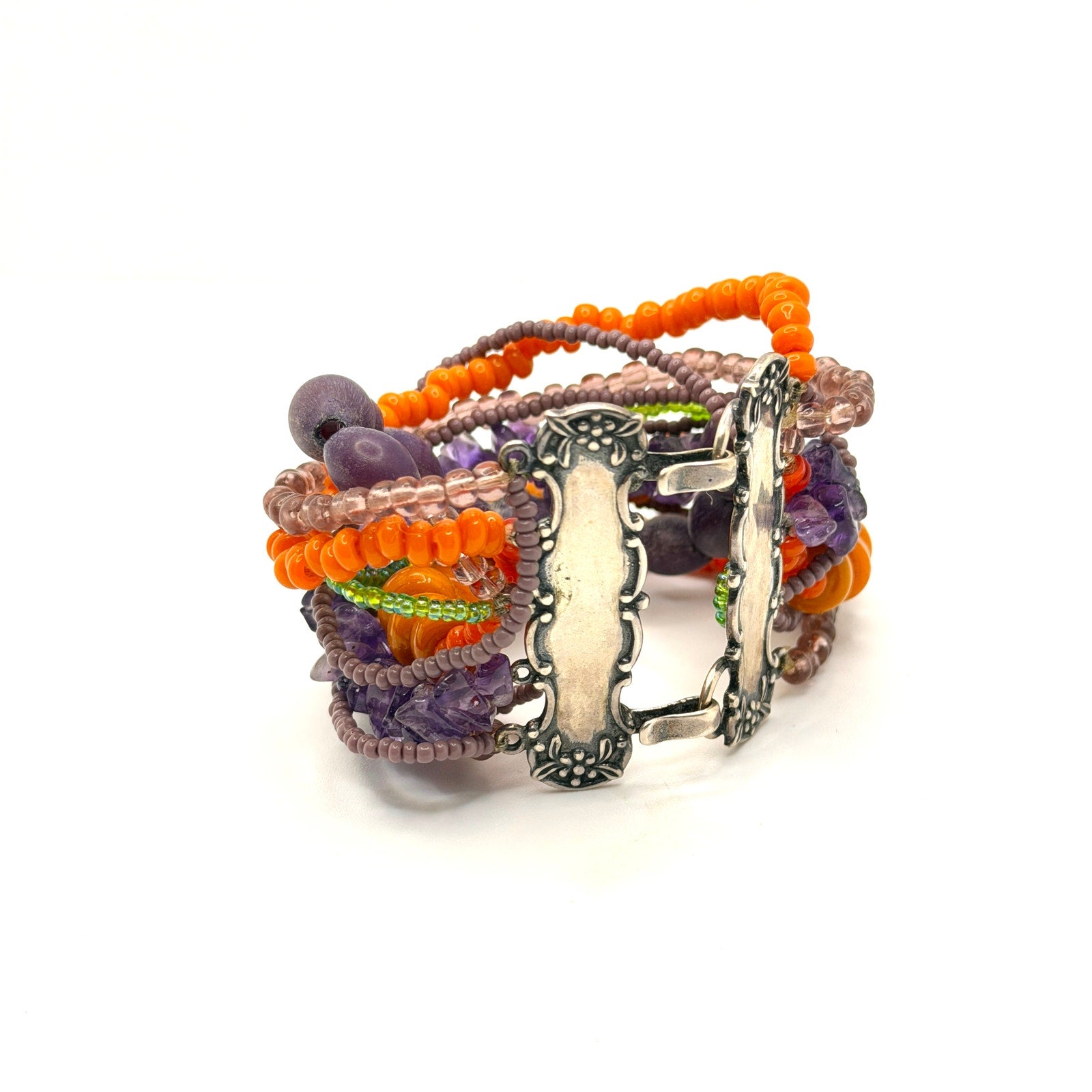 Vintage 90s Signed Foree Purple Orange Sterling Silver Boho Maximalist Bracelet
