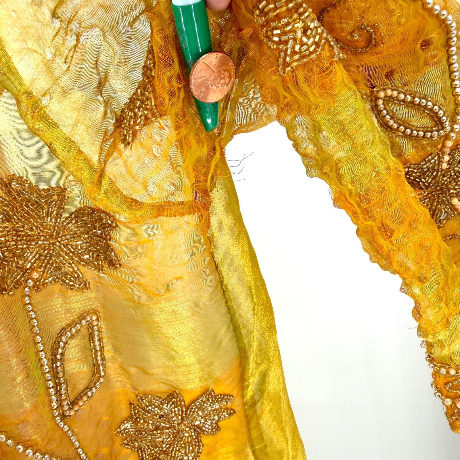 Vintage 80s Tan-Chho Green Gold Maximalist Beaded Sheer Shoulder Pad Duster