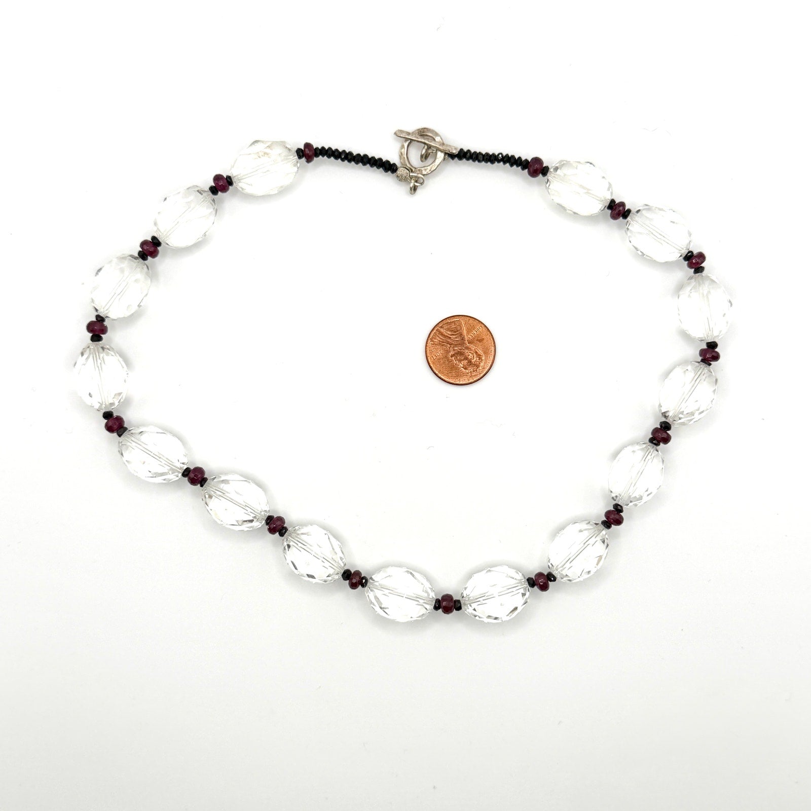 Vintage 90s Clear Quartz Garnet Sterling Silver Toggle Necklace
