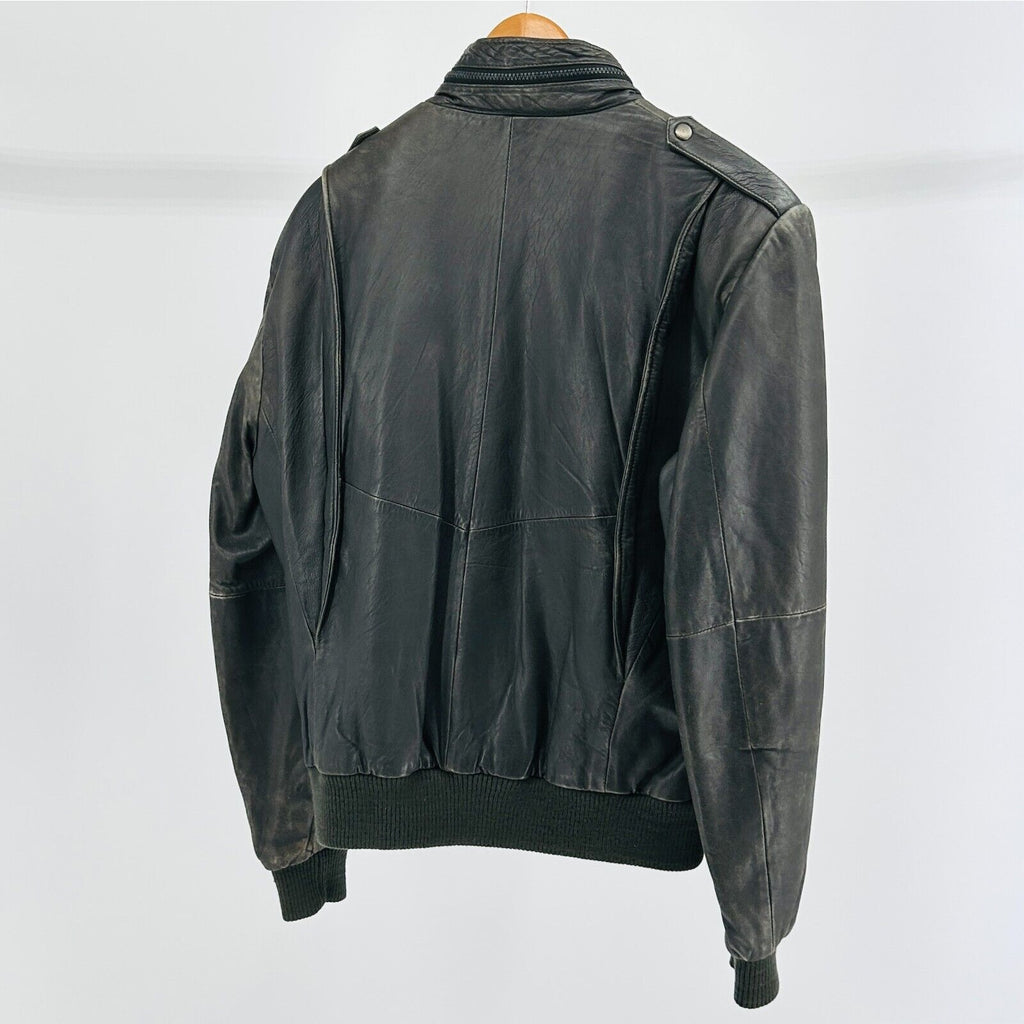 Vintage 80s Bloomingdale's Black Genuine Leather Distressed Bomber Jacket