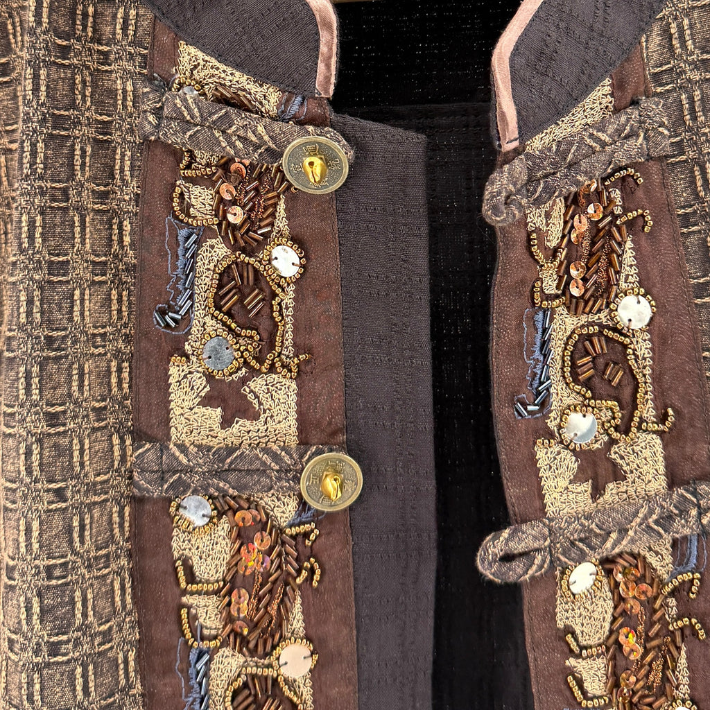 Vintage Y2K Brown 100% Cotton Beaded Applique Frog Closure Jacket