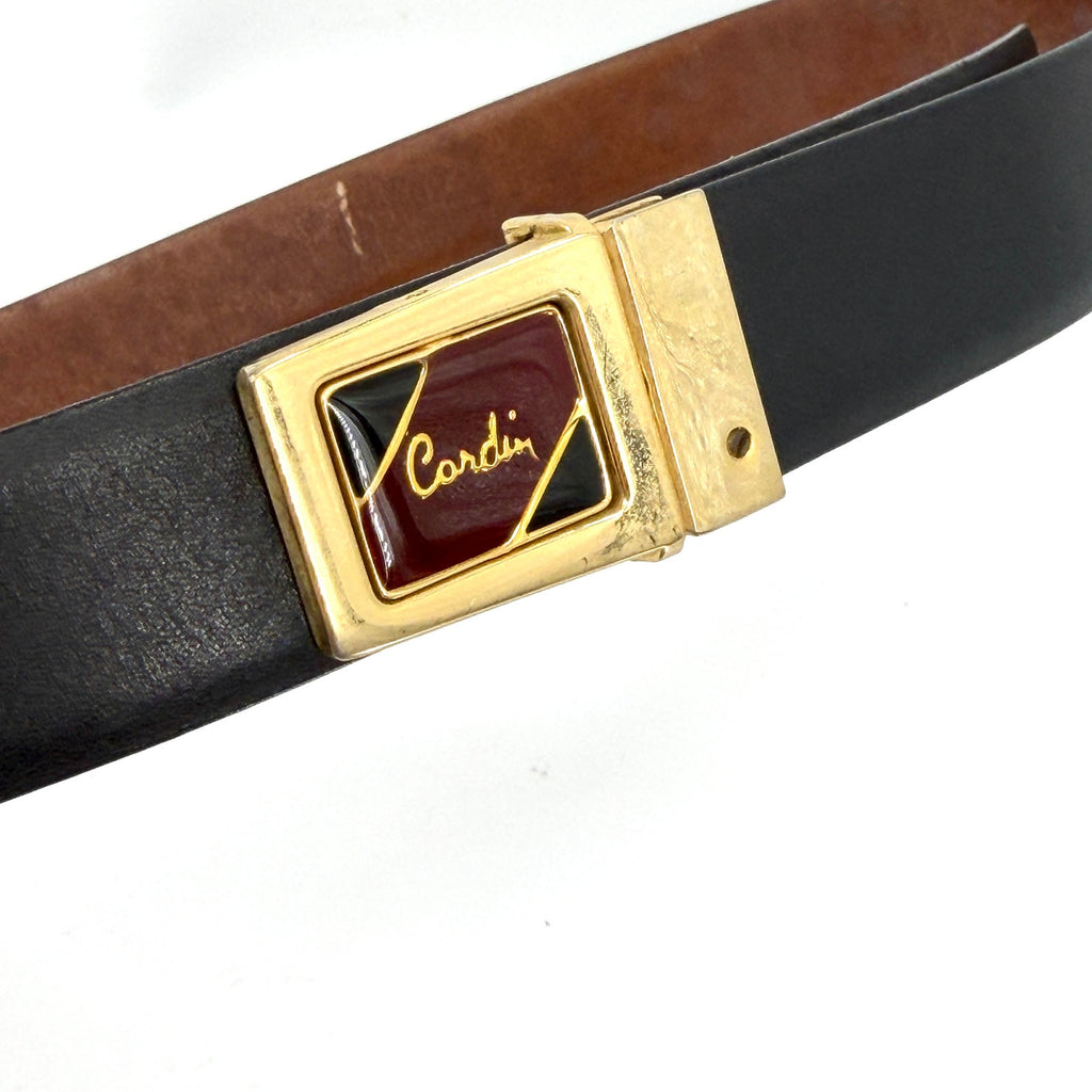 Vintage 80s Pierre Cardin Black Genuine Leather Gold Enamel Buckle Belt