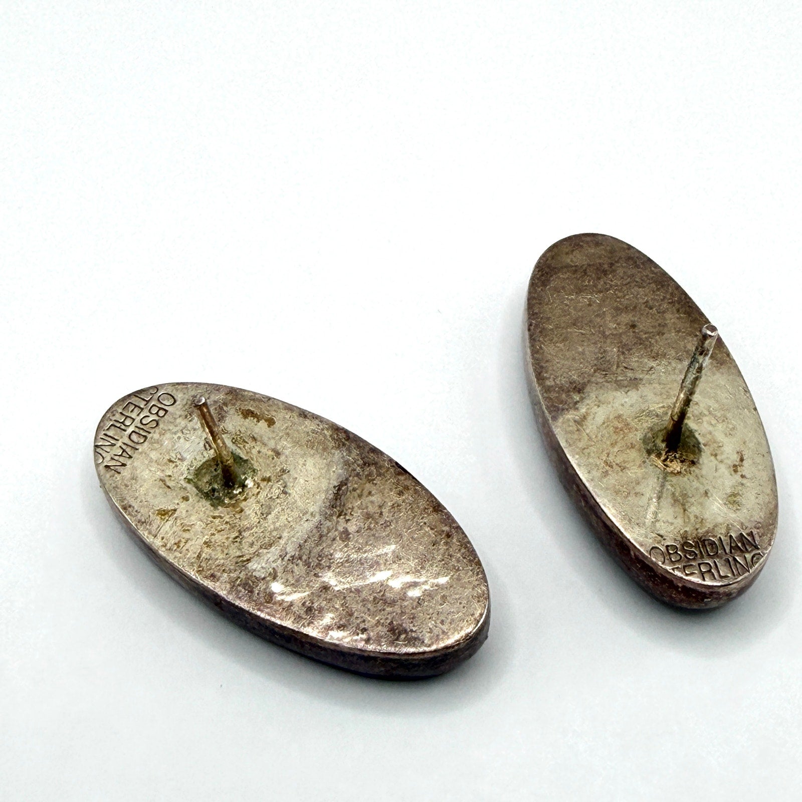 Vintage 90s Grey Black Stamped Sterling Silver Obsidian Druzy Oval Stud Earrings